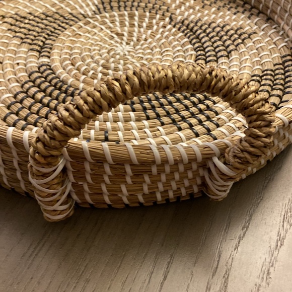 Rattan Wicker Round Serving Tray, Hand Woven Star Design Tan Black White 16” - Picture 5 of 5